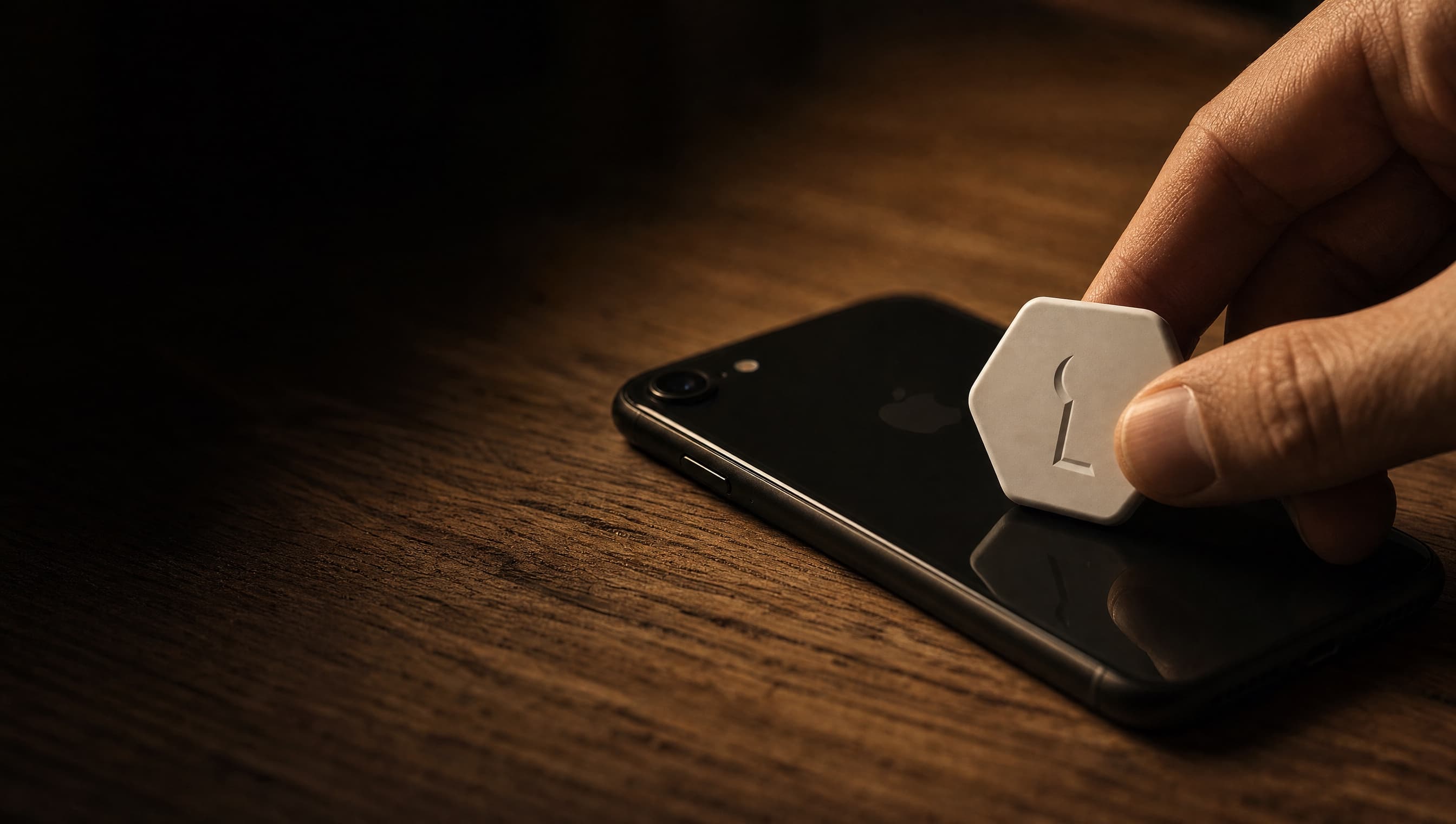 The Key — a white hexagonal token — being tapped against an iPhone on a wooden desk